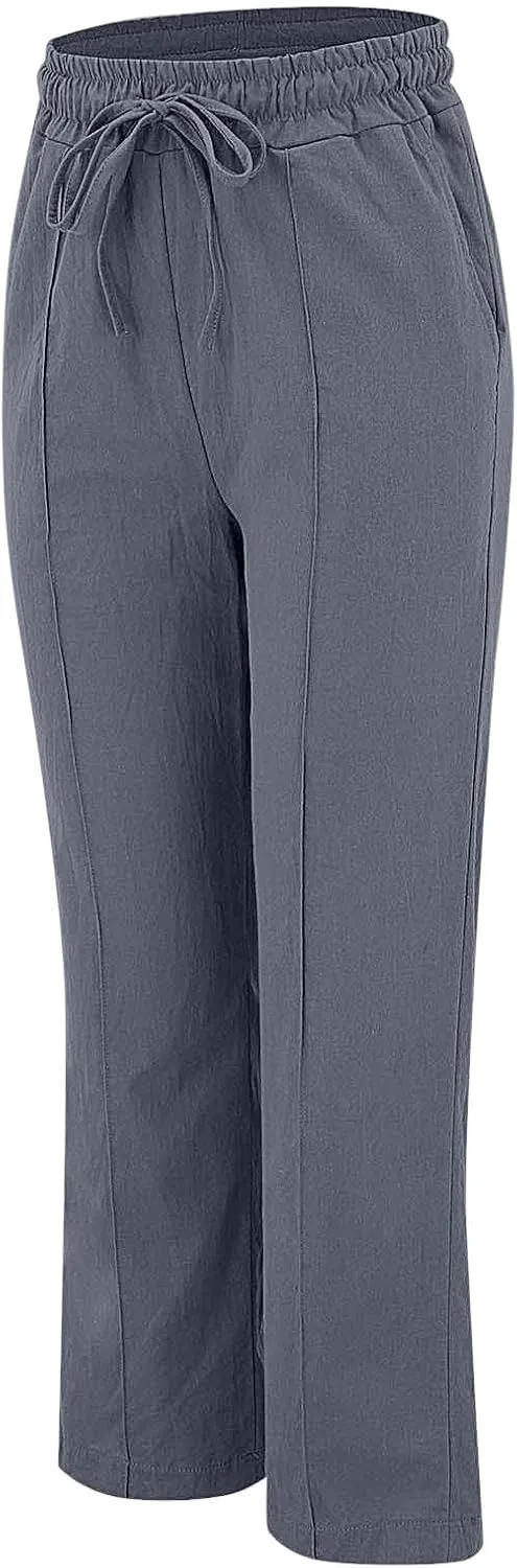Women's Solid Cotton Linen Straight Pants Drawstring Lightweight Summer Relax Fit Trouser Wide Leg Trousers with Pockets