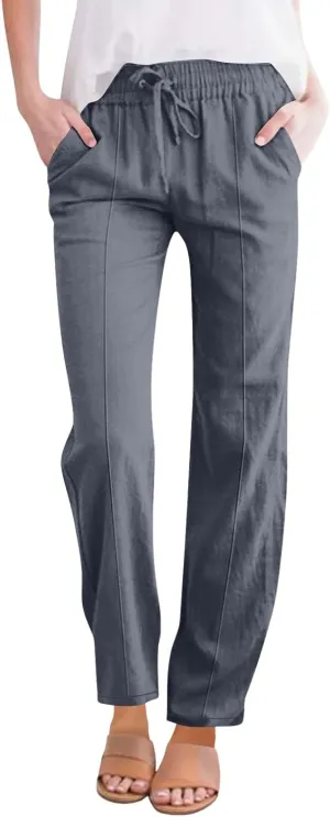 Women's Solid Cotton Linen Straight Pants Drawstring Lightweight Summer Relax Fit Trouser Wide Leg Trousers with Pockets