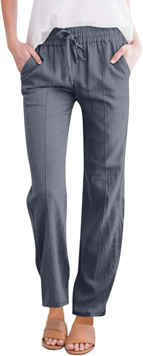 Women's Solid Cotton Linen Straight Pants Drawstring Lightweight Summer Relax Fit Trouser Wide Leg Trousers with Pockets