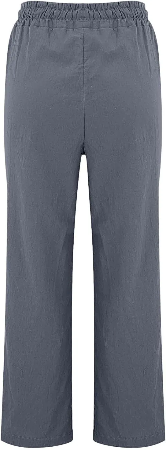 Women's Solid Cotton Linen Straight Pants Drawstring Lightweight Summer Relax Fit Trouser Wide Leg Trousers with Pockets