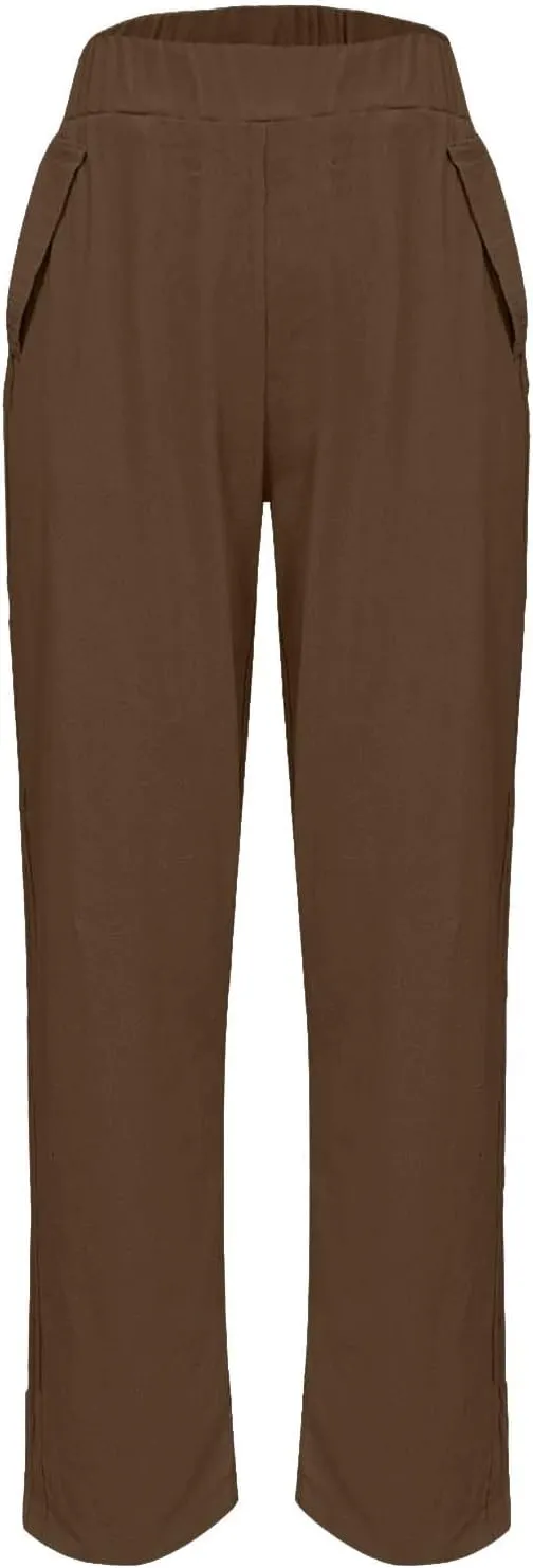 Womens Solid Cotton Linen Straight Pants High Waisted Wide Leg Trousers with Pokets Loose Comfy Causal Pant for Summer Beach