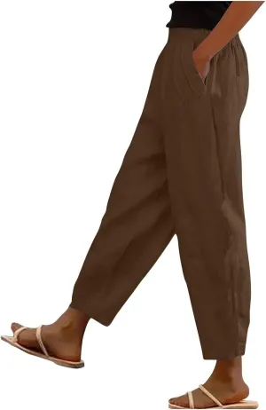 Womens Solid Cotton Linen Straight Pants High Waisted Wide Leg Trousers with Pokets Loose Comfy Causal Pant for Summer Beach