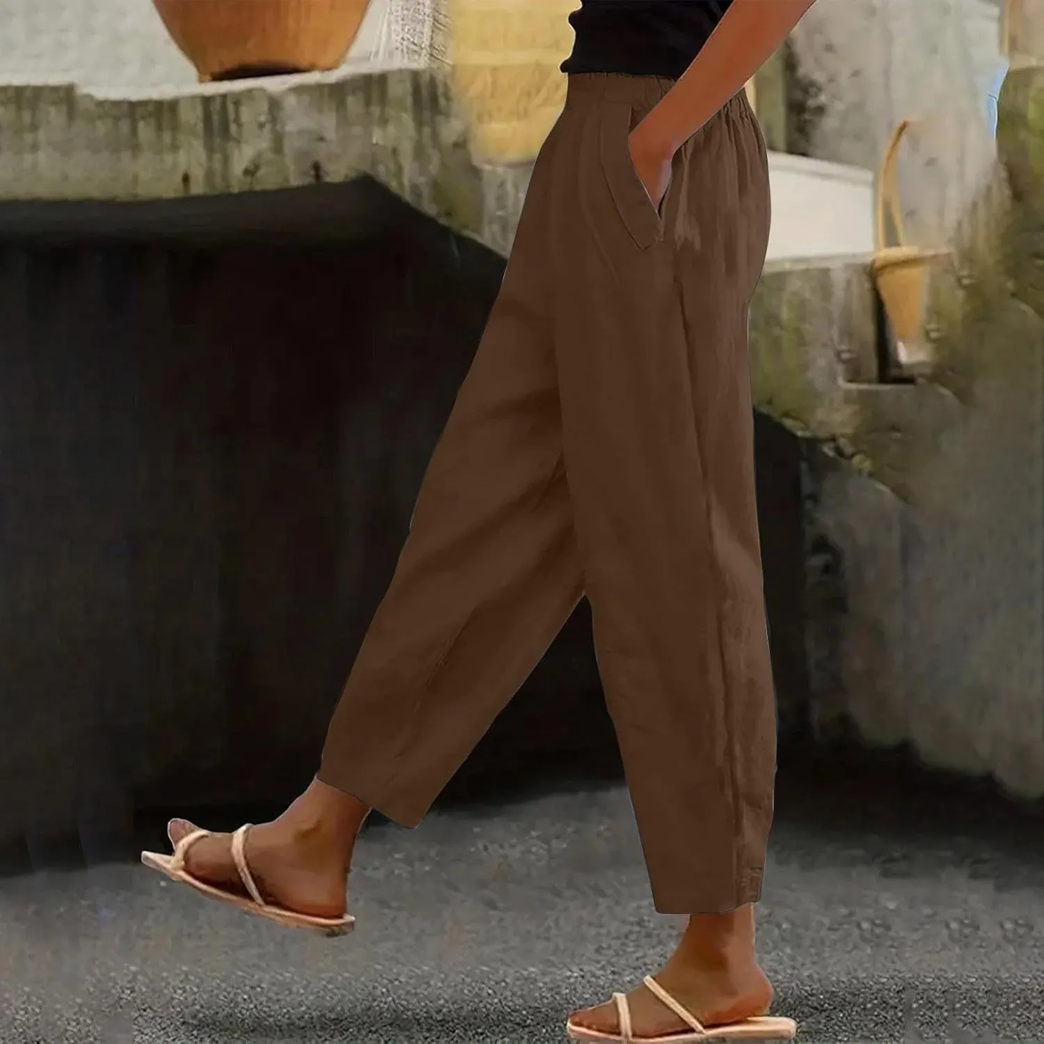Womens Solid Cotton Linen Straight Pants High Waisted Wide Leg Trousers with Pokets Loose Comfy Causal Pant for Summer Beach