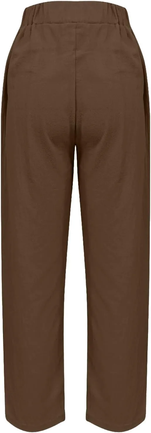 Womens Solid Cotton Linen Straight Pants High Waisted Wide Leg Trousers with Pokets Loose Comfy Causal Pant for Summer Beach