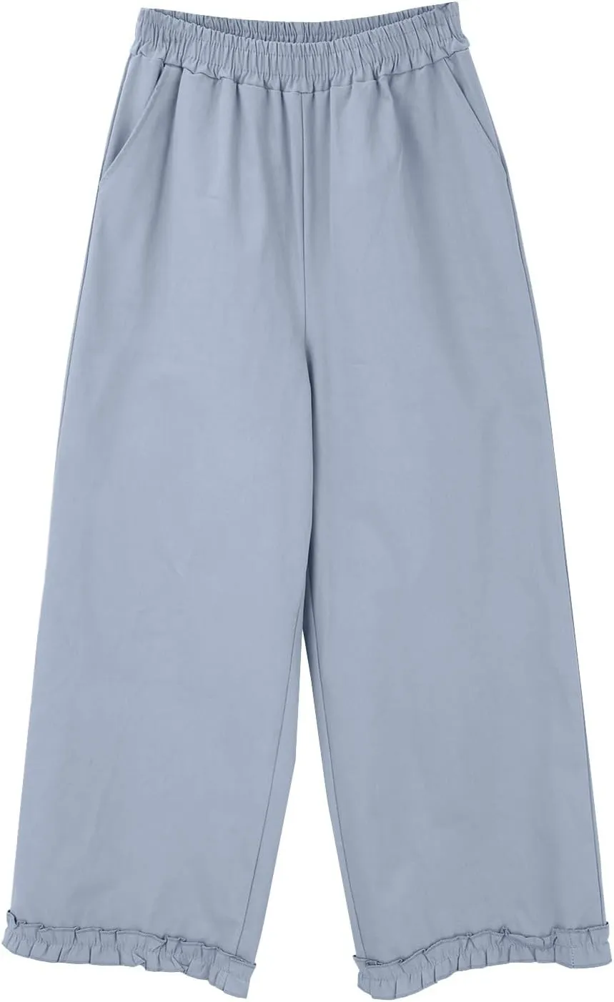 Women's Solid Cotton Linen Straight Pants Lace Ruffle Casual Trouser with Pockets Summer Vintage Elastic Waist Flowy Pants