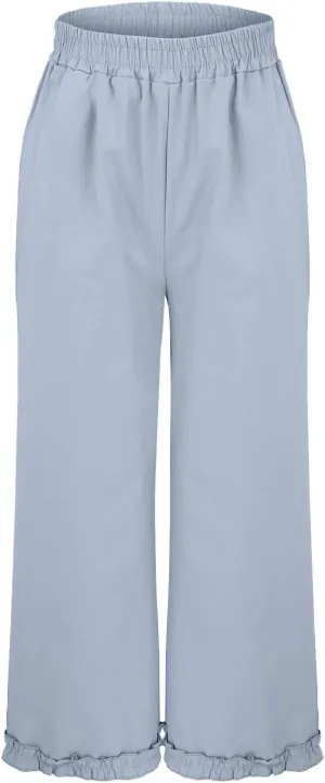 Women's Solid Cotton Linen Straight Pants Lace Ruffle Casual Trouser with Pockets Summer Vintage Elastic Waist Flowy Pants