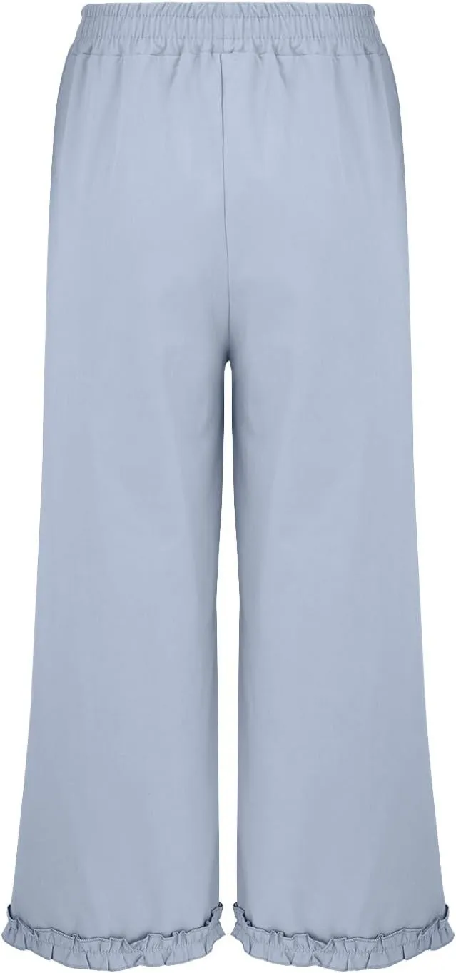 Women's Solid Cotton Linen Straight Pants Lace Ruffle Casual Trouser with Pockets Summer Vintage Elastic Waist Flowy Pants