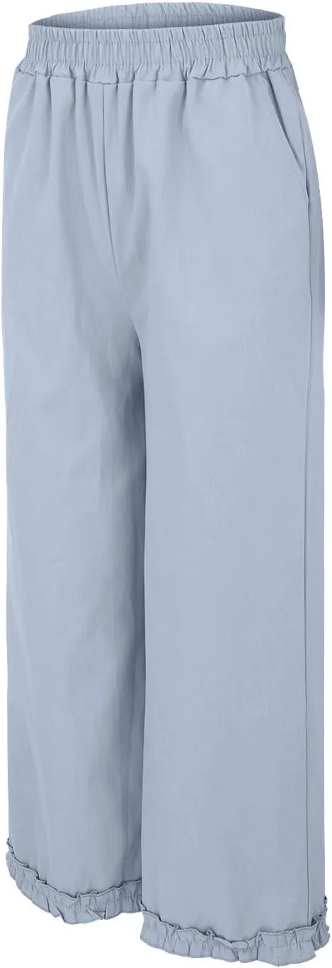 Women's Solid Cotton Linen Straight Pants Lace Ruffle Casual Trouser with Pockets Summer Vintage Elastic Waist Flowy Pants
