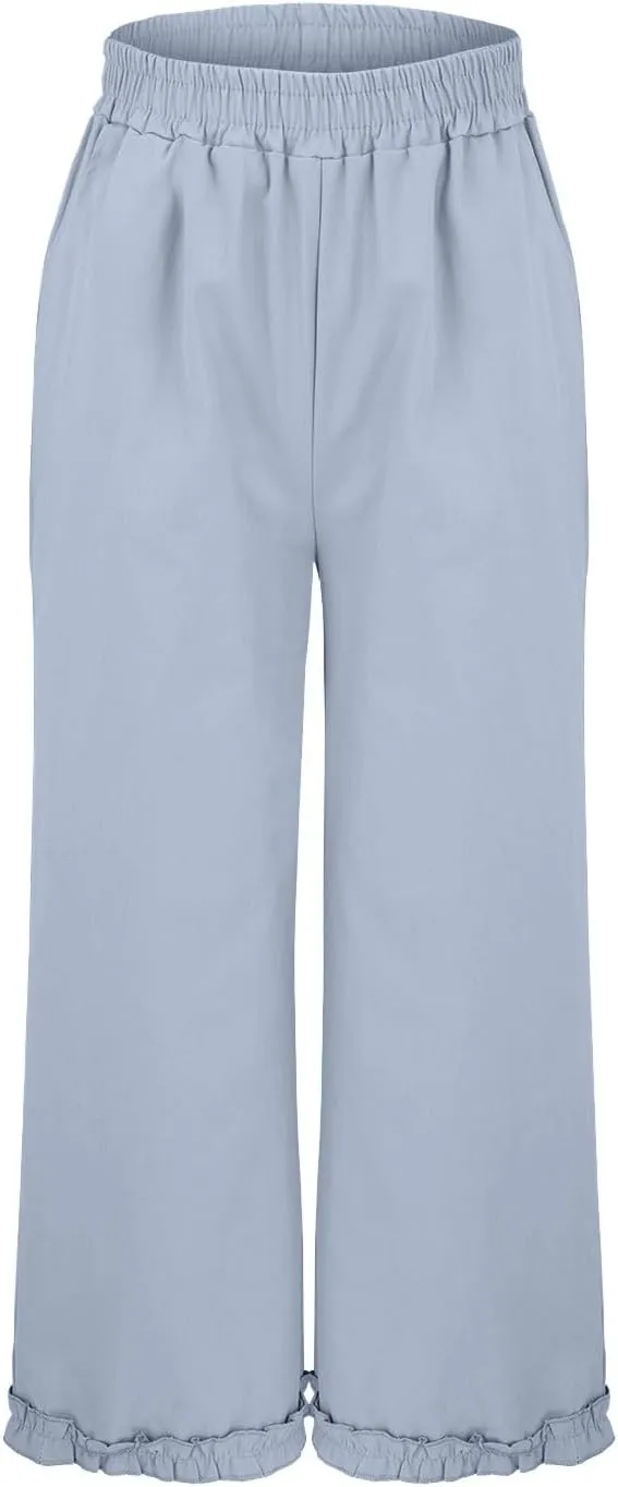 Women's Solid Cotton Linen Straight Pants Lace Ruffle Casual Trouser with Pockets Summer Vintage Elastic Waist Flowy Pants
