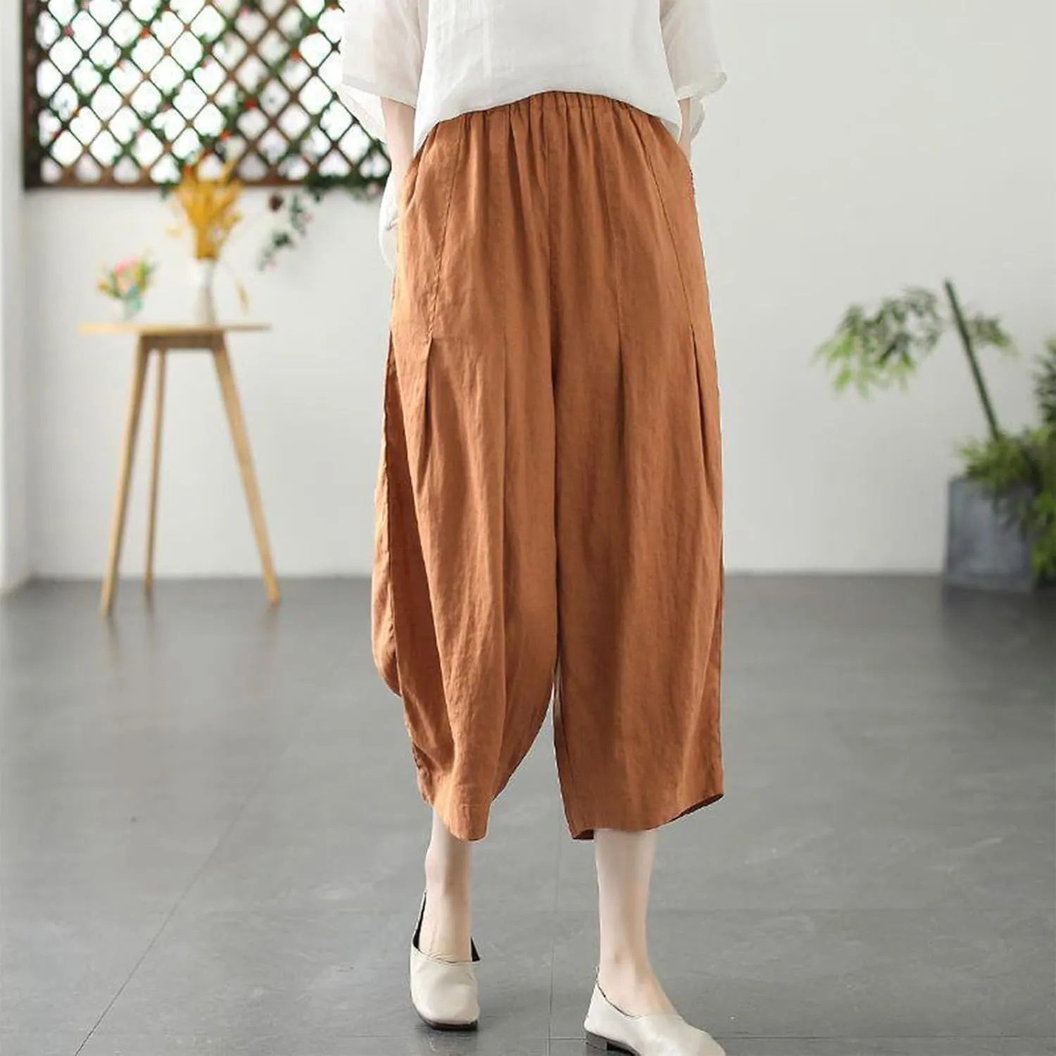 Womens Solid Pants Linen Cotton High Waisted Wide Leg Capris Pant Summer Casual Trousers with Pockets