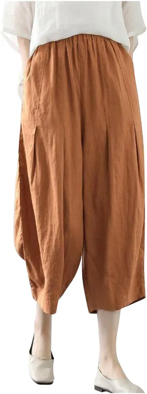 Womens Solid Pants Linen Cotton High Waisted Wide Leg Capris Pant Summer Casual Trousers with Pockets