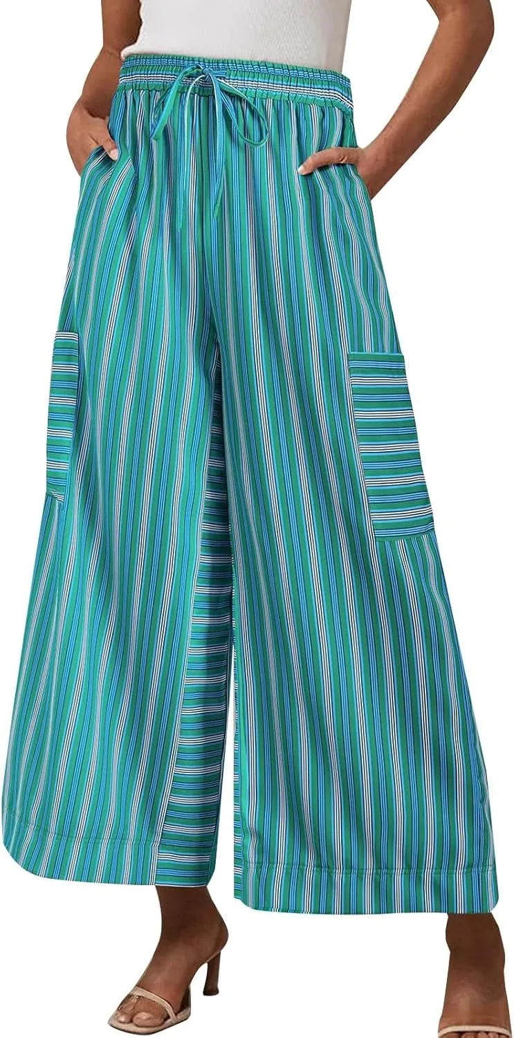 Women's Striped Cotton Linen Wide Leg Pants Summer Casual Comfy Pants Side Pockets 2025 Drawstring Elastic Waist Trousers