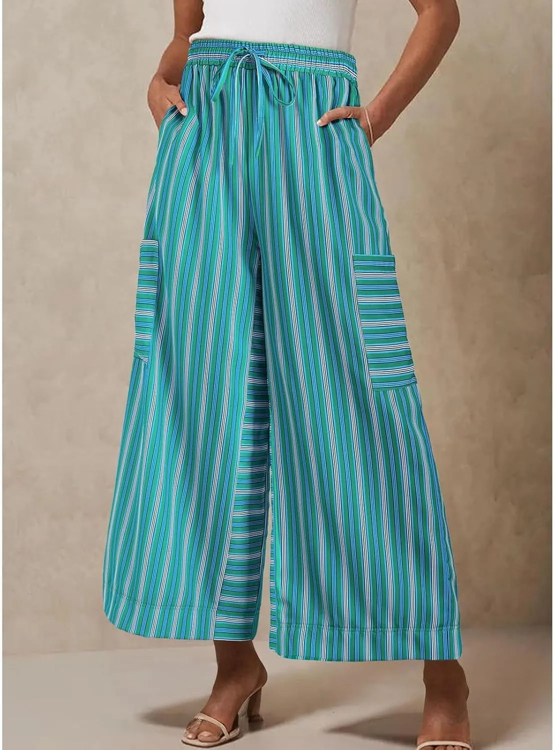 Women's Striped Cotton Linen Wide Leg Pants Summer Casual Comfy Pants Side Pockets 2025 Drawstring Elastic Waist Trousers