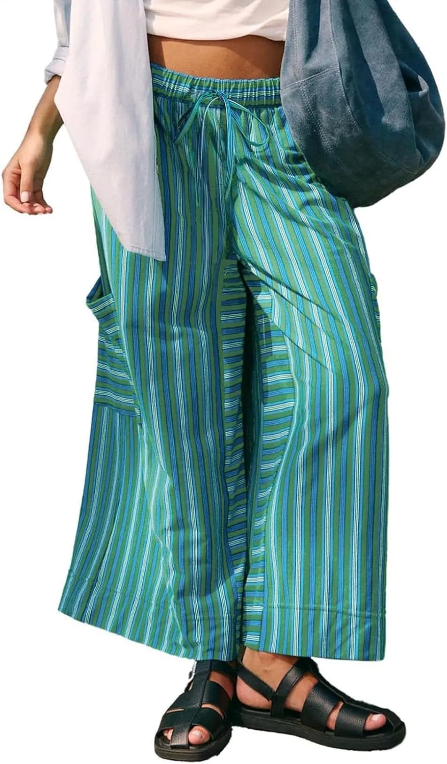 Women's Striped Cotton Linen Wide Leg Pants Summer Casual Comfy Pants Side Pockets 2025 Drawstring Elastic Waist Trousers