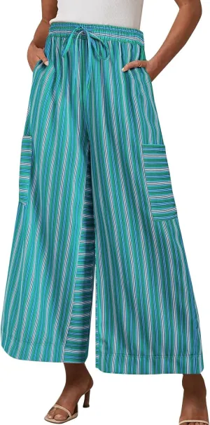 Women's Striped Cotton Linen Wide Leg Pants Summer Casual Comfy Pants Side Pockets 2025 Drawstring Elastic Waist Trousers