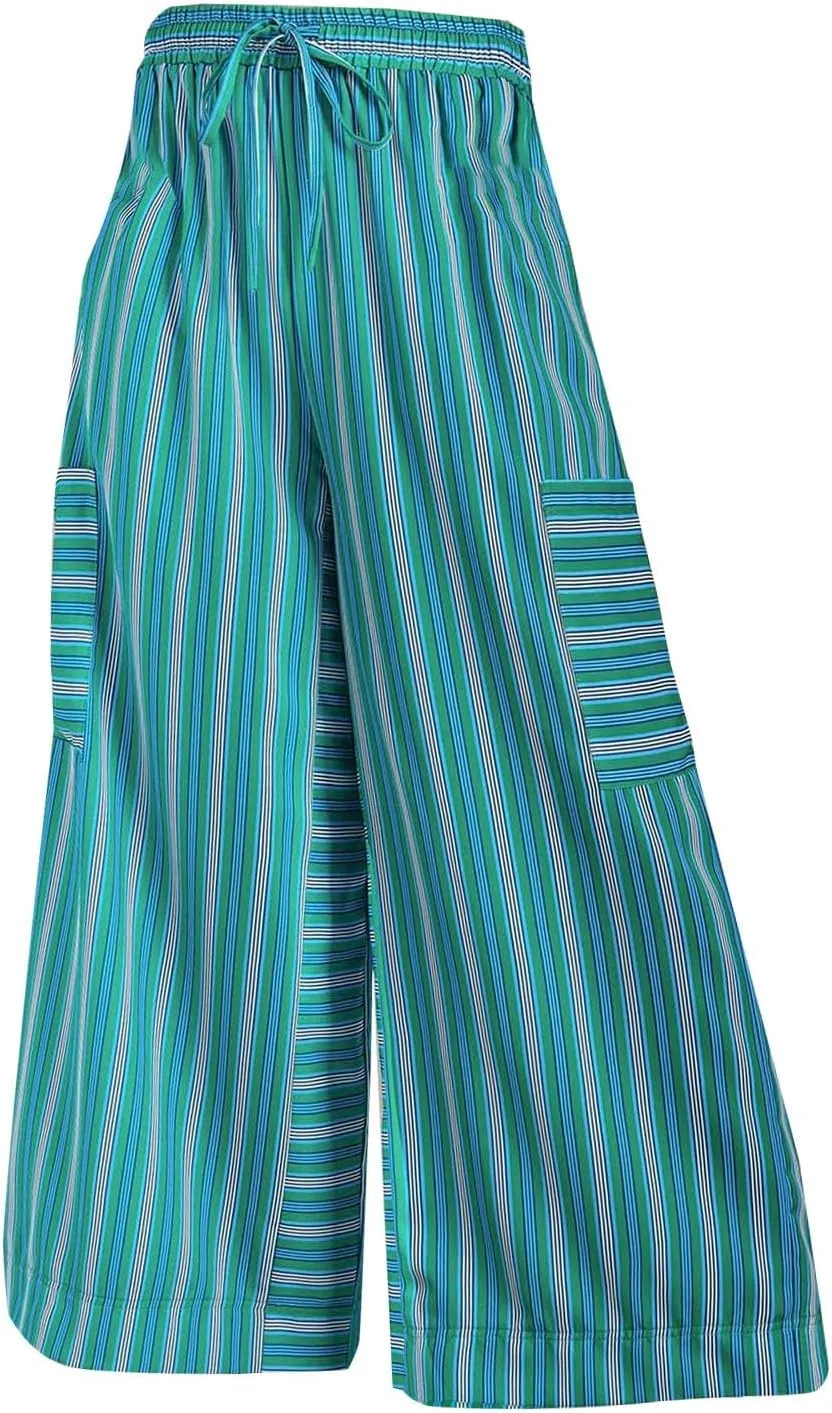 Women's Striped Cotton Linen Wide Leg Pants Summer Casual Comfy Pants Side Pockets 2025 Drawstring Elastic Waist Trousers