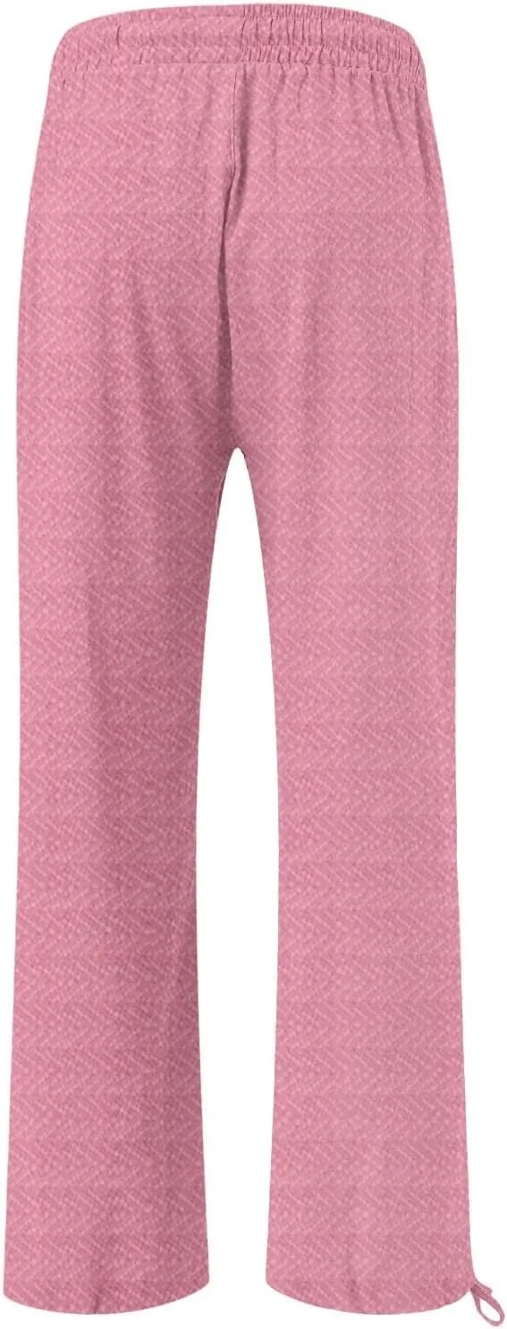 Women's Striped Cotton Linen Wide Leg Pants Summer Casual Comfy Pants with Pockets 2025 Drawstring Elastic Waist Trousers