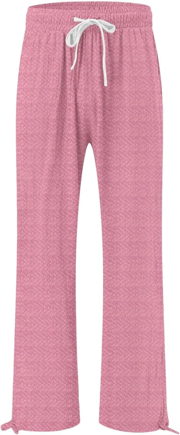 Women's Striped Cotton Linen Wide Leg Pants Summer Casual Comfy Pants with Pockets 2025 Drawstring Elastic Waist Trousers