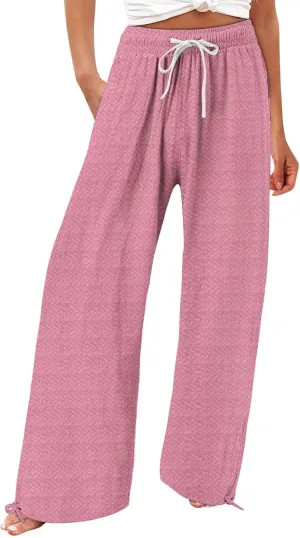 Women's Striped Cotton Linen Wide Leg Pants Summer Casual Comfy Pants with Pockets 2025 Drawstring Elastic Waist Trousers