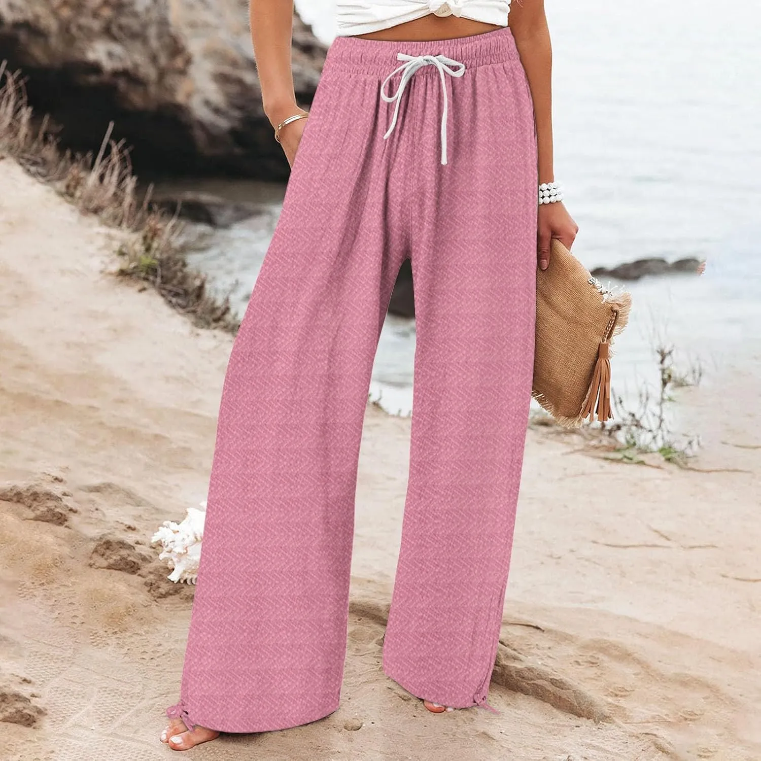 Women's Striped Cotton Linen Wide Leg Pants Summer Casual Comfy Pants with Pockets 2025 Drawstring Elastic Waist Trousers