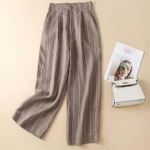 Womens Stripes Cotton Linen Pants, Summer Lightweight Boho Wide Leg High Waist Casual Lounge Trousers with Pockets New