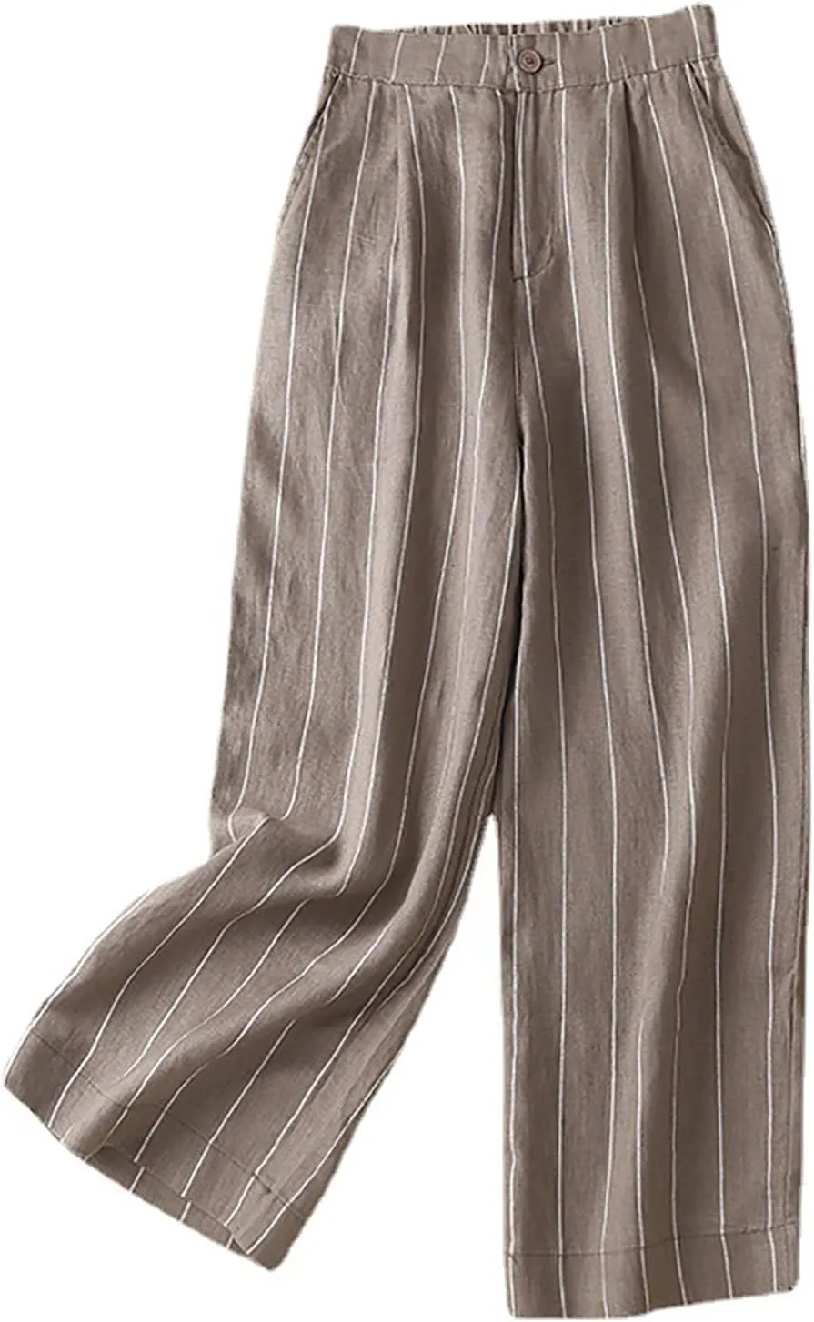 Womens Stripes Cotton Linen Pants, Summer Lightweight Boho Wide Leg High Waist Casual Lounge Trousers with Pockets New