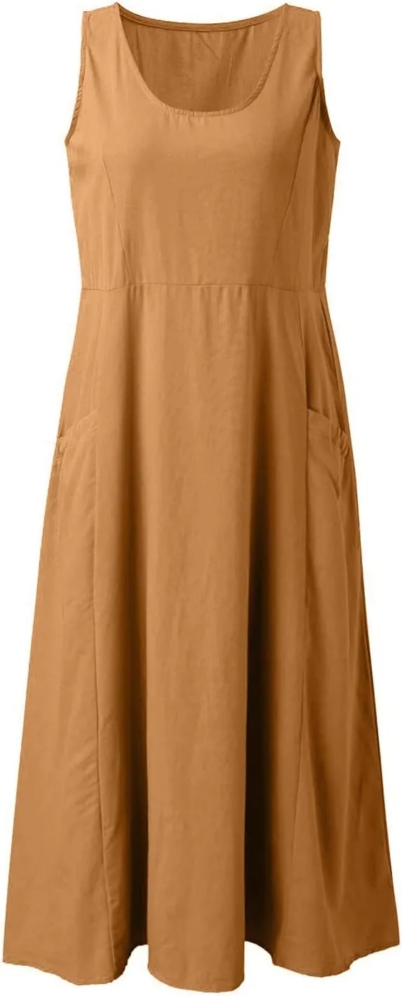 Women's Summer Cotton Linen Casual Long Shirt Dress Sleeveless Elegant Flowy Midi Dresses Loose Comfy with Pockets