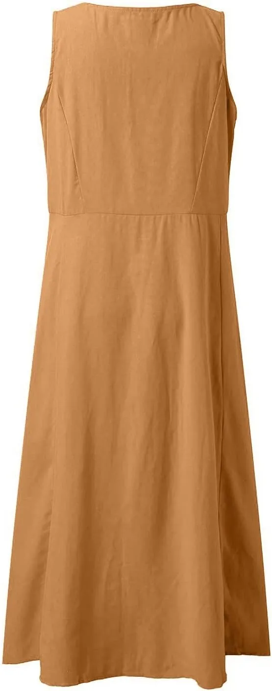 Women's Summer Cotton Linen Casual Long Shirt Dress Sleeveless Elegant Flowy Midi Dresses Loose Comfy with Pockets
