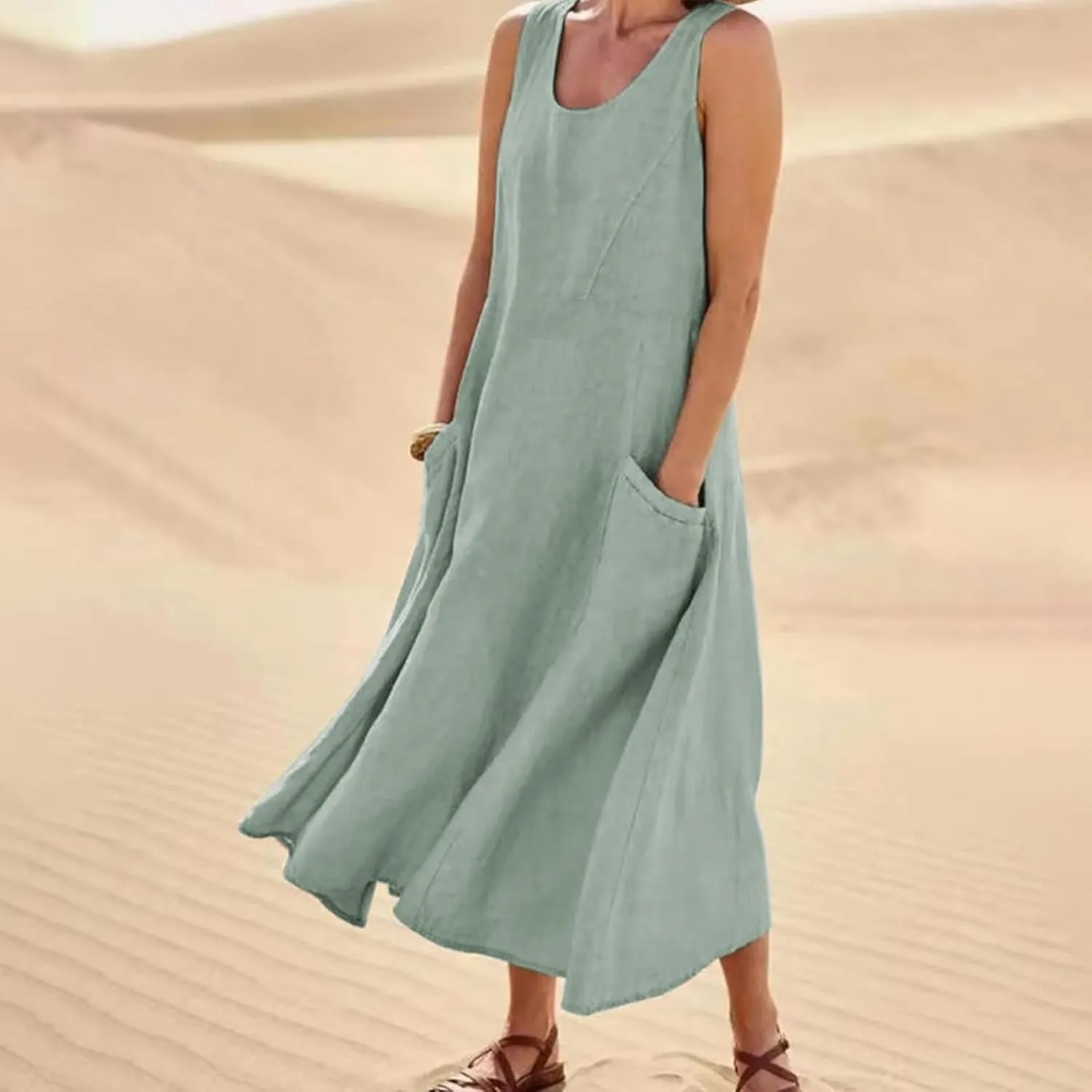 Women's Summer Cotton Linen Casual Long Shirt Dress Sleeveless Elegant Flowy Midi Dresses Loose Comfy with Pockets