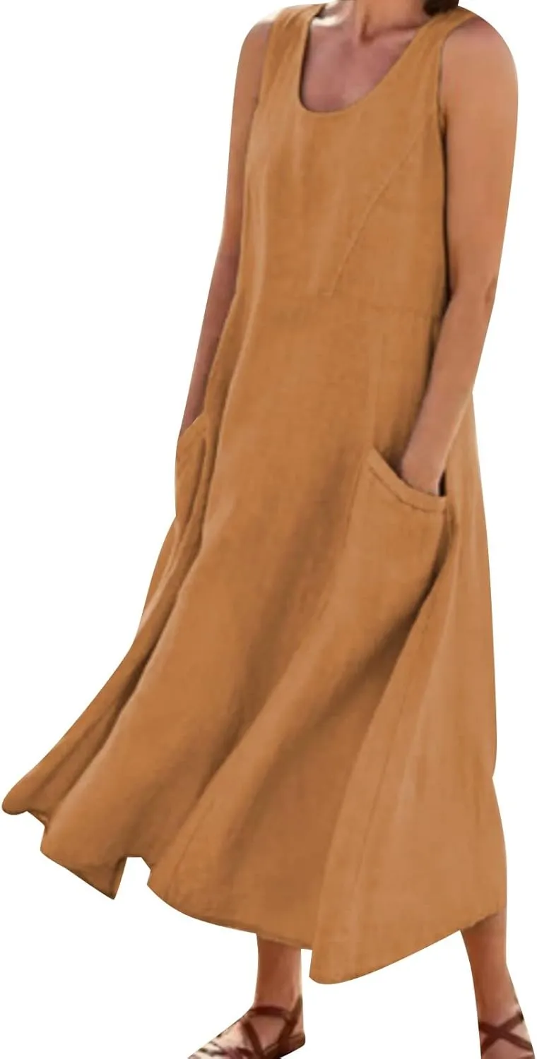 Women's Summer Cotton Linen Casual Long Shirt Dress Sleeveless Elegant Flowy Midi Dresses Loose Comfy with Pockets
