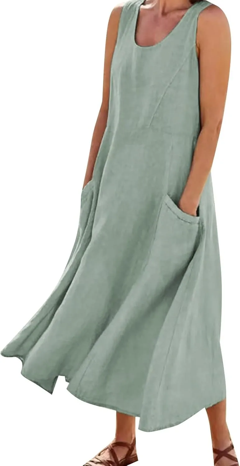 Women's Summer Cotton Linen Casual Long Shirt Dress Sleeveless Elegant Flowy Midi Dresses Loose Comfy with Pockets
