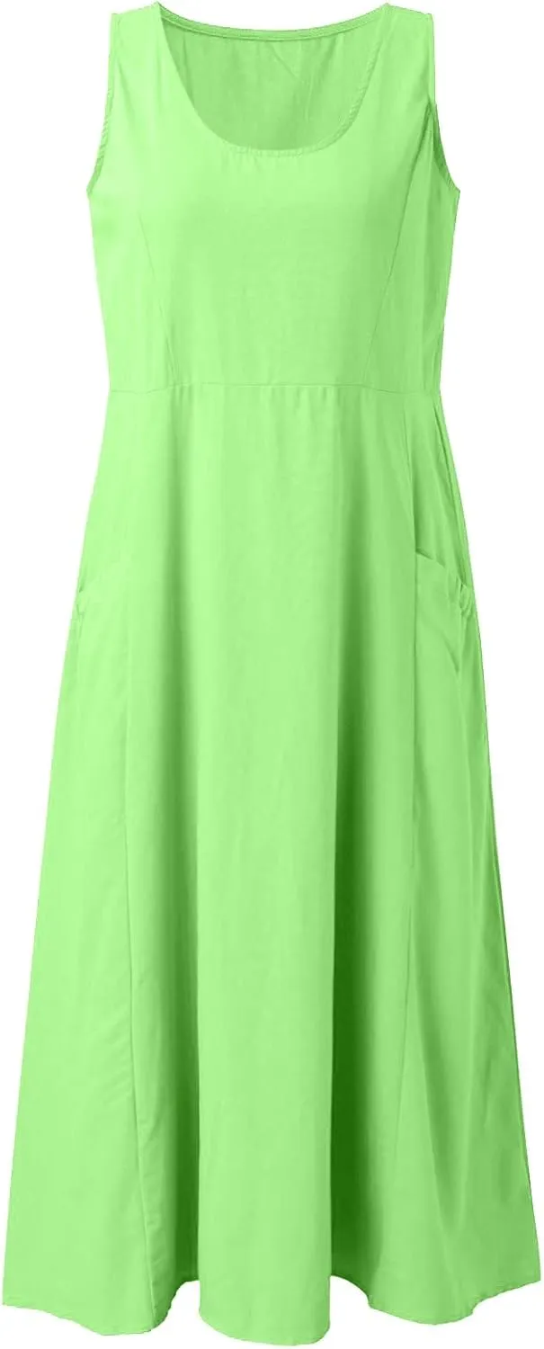 Women's Summer Cotton Linen Casual Long Shirt Dress Sleeveless Elegant Flowy Midi Dresses Loose Comfy with Pockets
