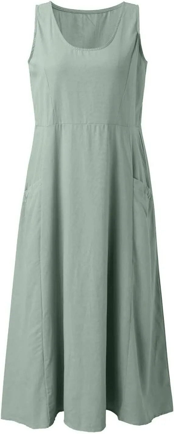 Women's Summer Cotton Linen Casual Long Shirt Dress Sleeveless Elegant Flowy Midi Dresses Loose Comfy with Pockets