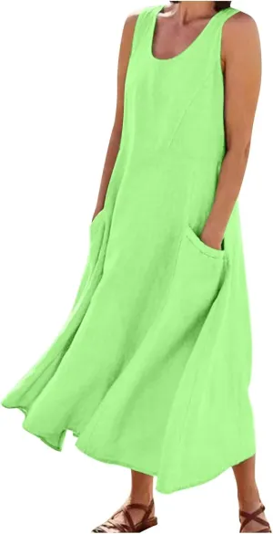 Women's Summer Cotton Linen Casual Long Shirt Dress Sleeveless Elegant Flowy Midi Dresses Loose Comfy with Pockets