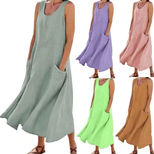 Women's Summer Cotton Linen Casual Long Shirt Dress Sleeveless Elegant Flowy Midi Dresses Loose Comfy with Pockets