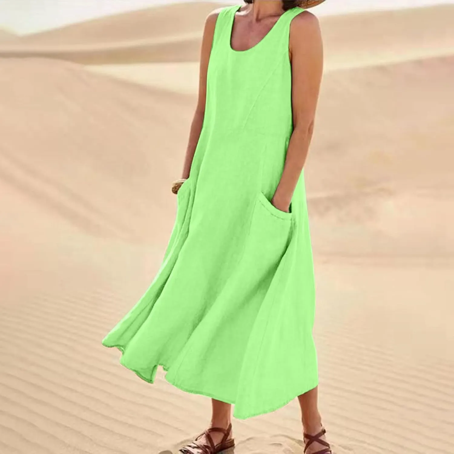 Women's Summer Cotton Linen Casual Long Shirt Dress Sleeveless Elegant Flowy Midi Dresses Loose Comfy with Pockets