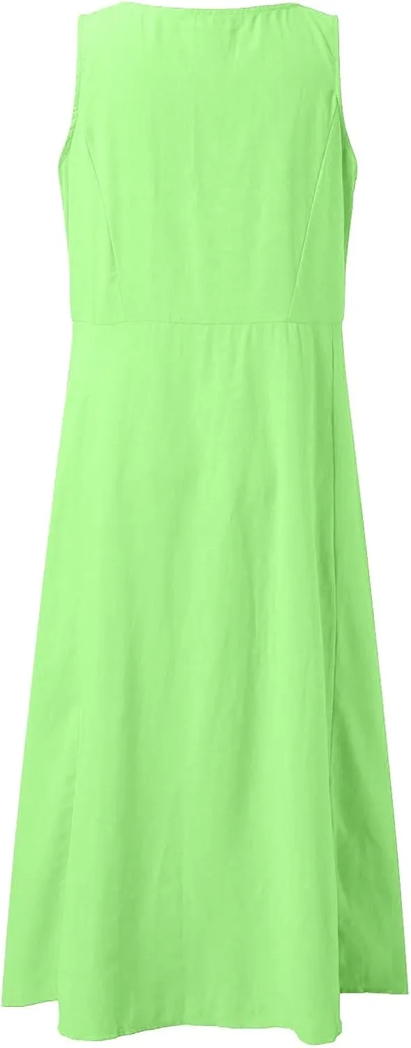 Women's Summer Cotton Linen Casual Long Shirt Dress Sleeveless Elegant Flowy Midi Dresses Loose Comfy with Pockets