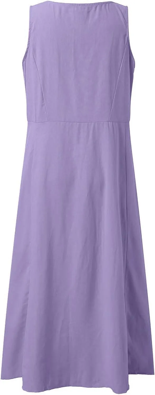 Women's Summer Cotton Linen Casual Long Shirt Dress Sleeveless Elegant Flowy Midi Dresses Loose Comfy with Pockets