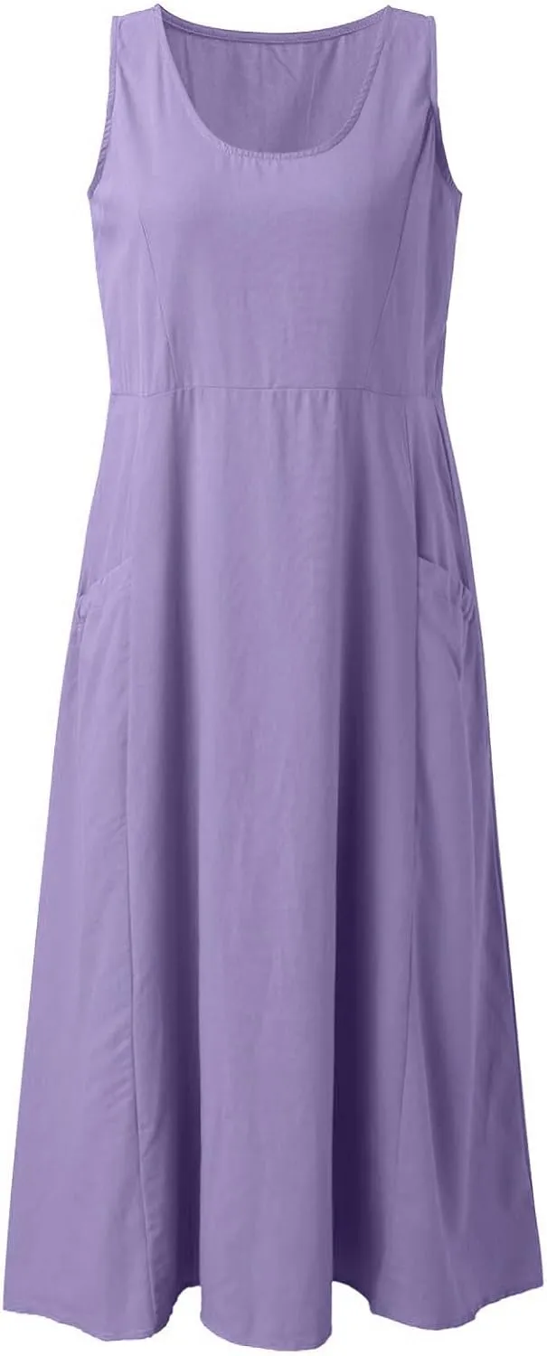 Women's Summer Cotton Linen Casual Long Shirt Dress Sleeveless Elegant Flowy Midi Dresses Loose Comfy with Pockets