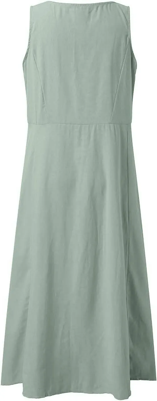 Women's Summer Cotton Linen Casual Long Shirt Dress Sleeveless Elegant Flowy Midi Dresses Loose Comfy with Pockets