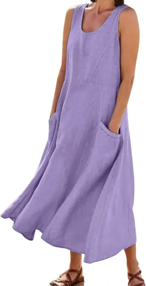 Women's Summer Cotton Linen Casual Long Shirt Dress Sleeveless Elegant Flowy Midi Dresses Loose Comfy with Pockets