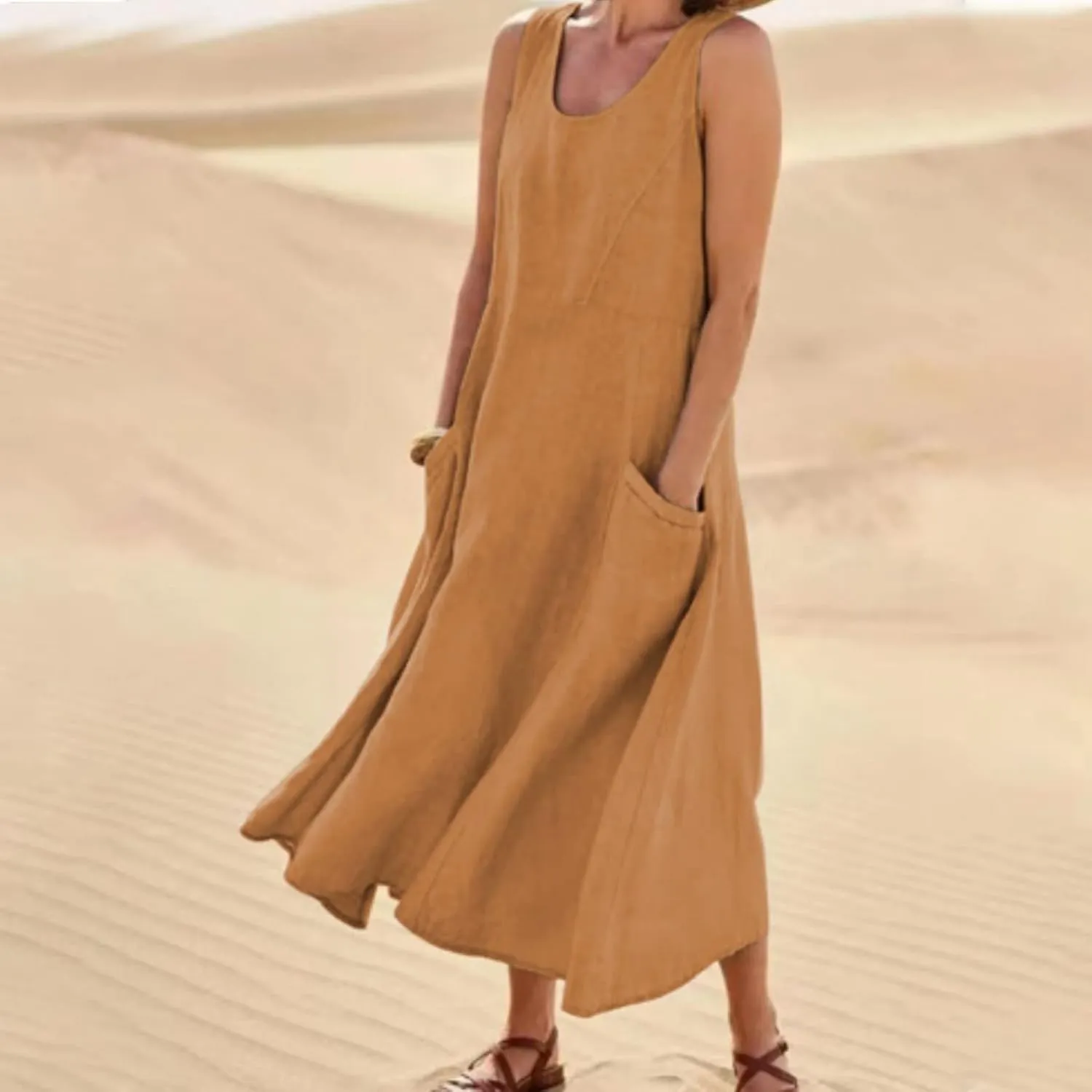 Women's Summer Cotton Linen Casual Long Shirt Dress Sleeveless Elegant Flowy Midi Dresses Loose Comfy with Pockets