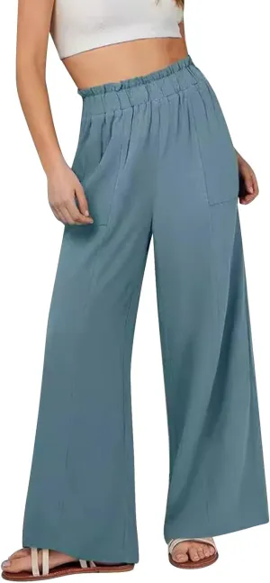 Womens Summer Cotton Linen Loose Pants Casual Straight Elastic Pant Pure Color Wide Leg High Waisted Trousers