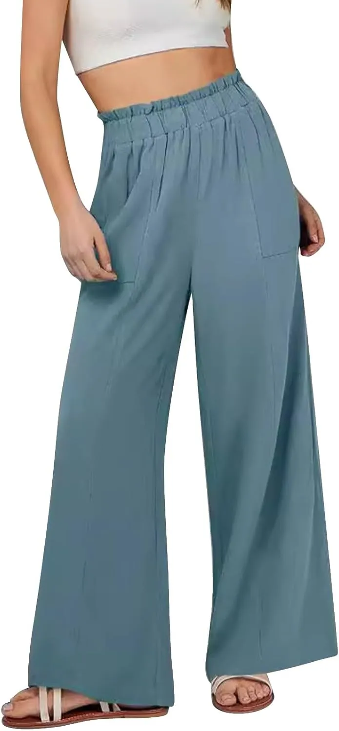 Womens Summer Cotton Linen Loose Pants Casual Straight Elastic Pant Pure Color Wide Leg High Waisted Trousers