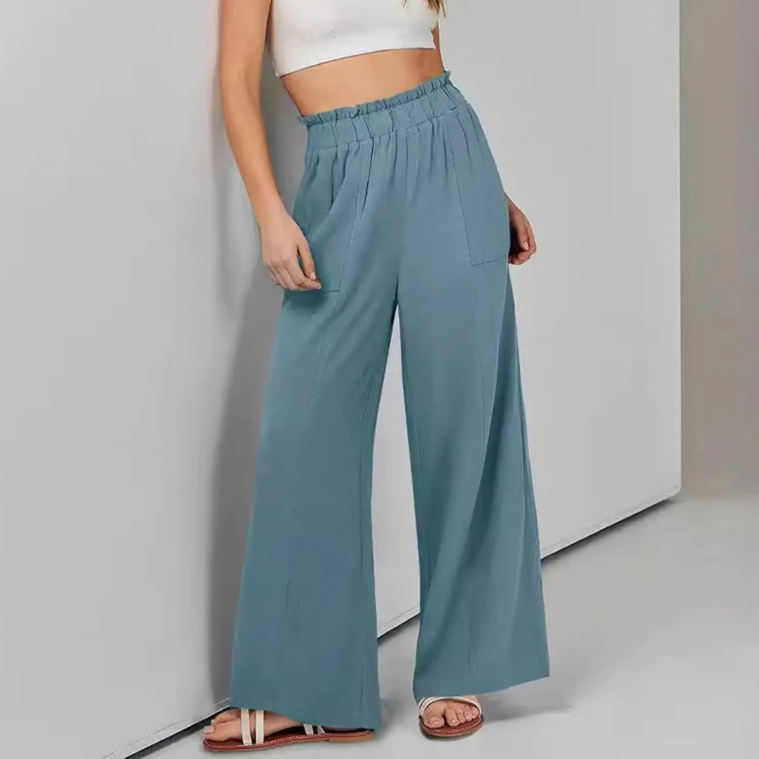 Womens Summer Cotton Linen Loose Pants Casual Straight Elastic Pant Pure Color Wide Leg High Waisted Trousers