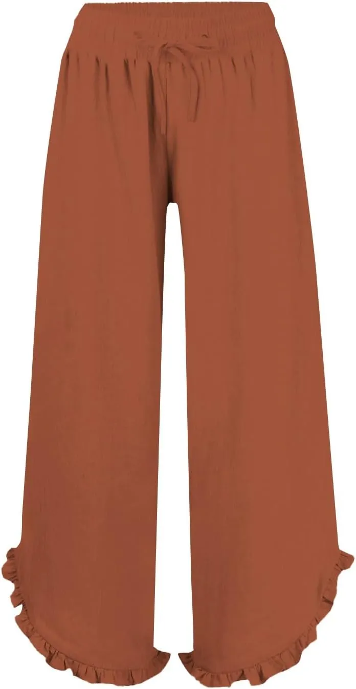 Womens Summer Linen Pant Waisted Elastic Drawstring Pants Pure Color Casual Beach Trousers with Pockets