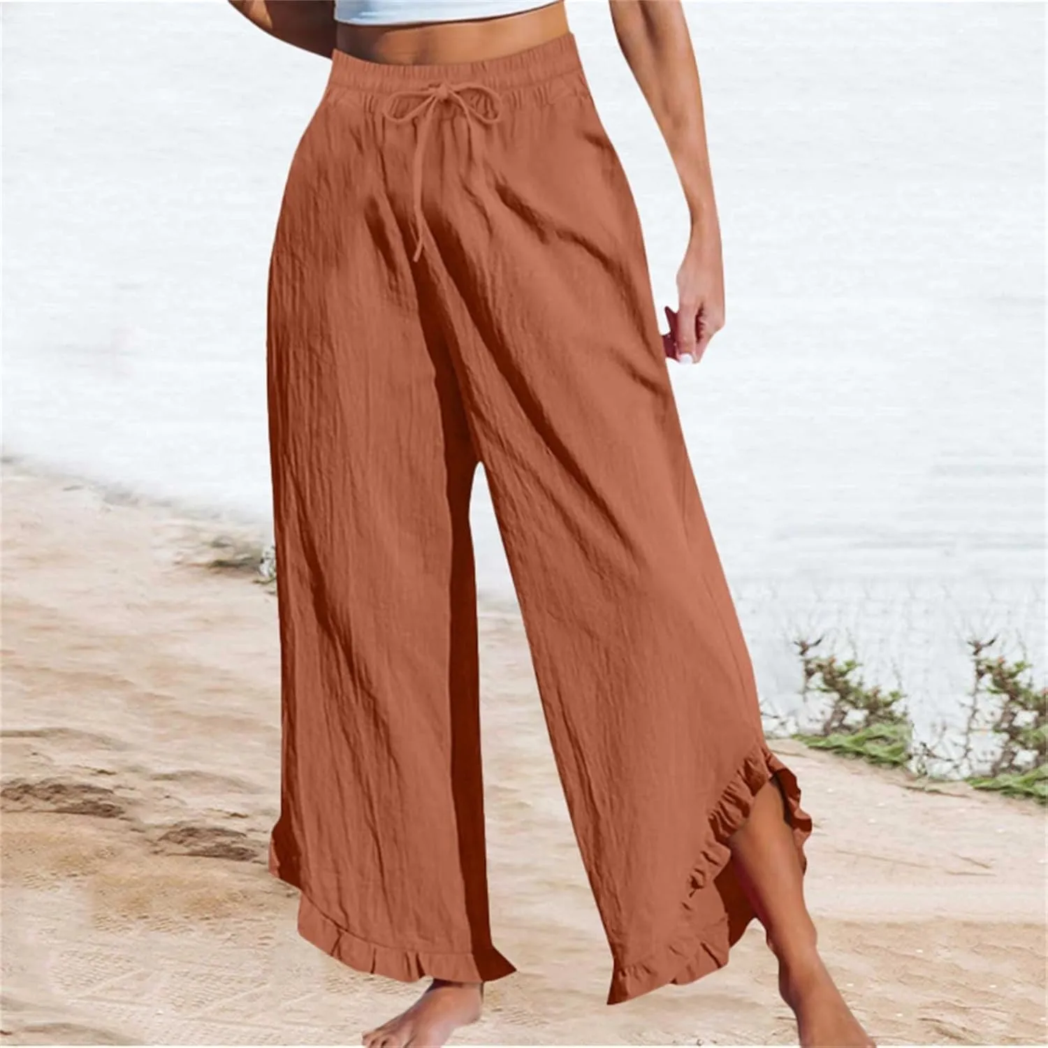 Womens Summer Linen Pant Waisted Elastic Drawstring Pants Pure Color Casual Beach Trousers with Pockets