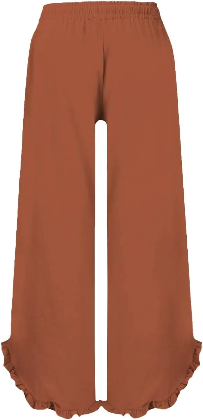 Womens Summer Linen Pant Waisted Elastic Drawstring Pants Pure Color Casual Beach Trousers with Pockets
