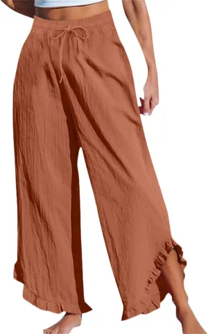Womens Summer Linen Pant Waisted Elastic Drawstring Pants Pure Color Casual Beach Trousers with Pockets