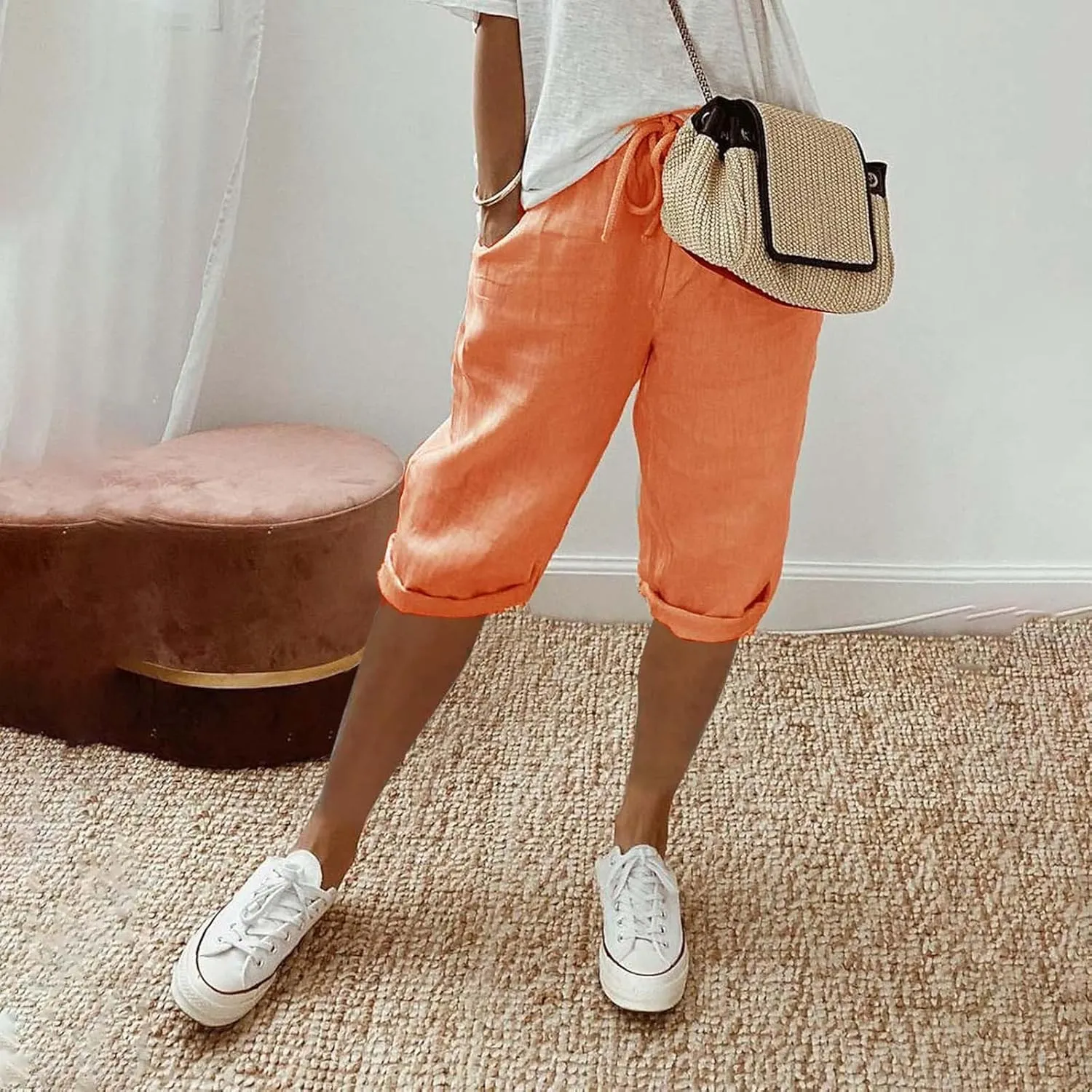 Womens Summer Mix Cotton Linen Palazzo Pants Drawstring Casual Solid Color Shorts Casual Beach Long Pants